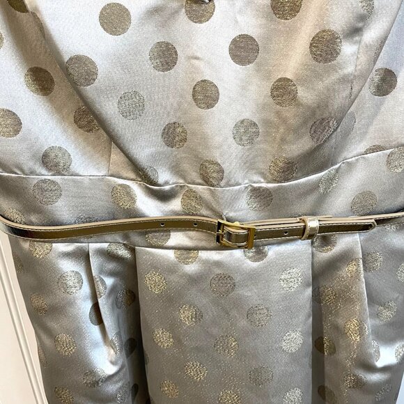 Eliza J Dress Size 8 Cream Gold Polka Dots Sheath Ruffle Neckline Party Cocktail - Picture 4 of 11